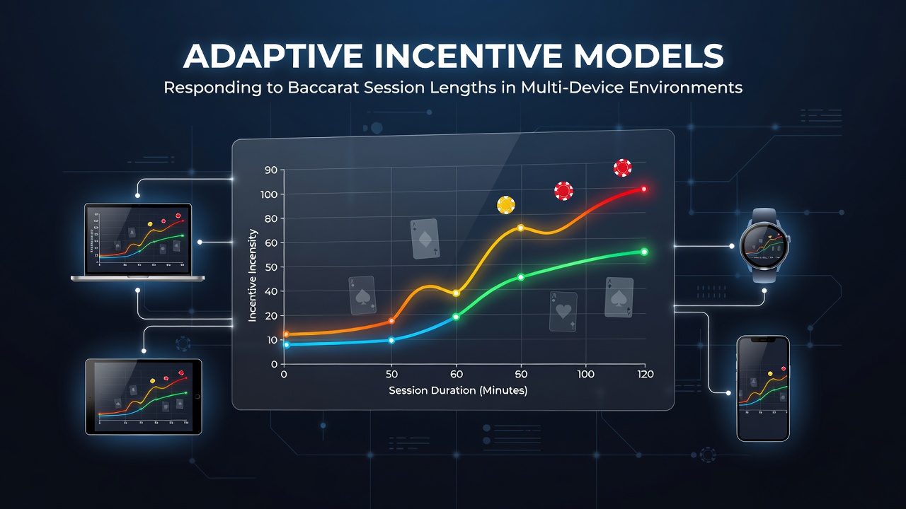 Diagram showing baccarat session tracking across mobile tablet and desktop devices with incentive adjustment flows