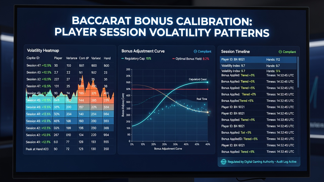Digital interface displaying baccarat session volatility metrics and bonus adjustments in a regulated online casino platform
