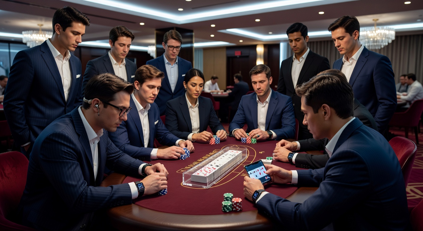 Animated AI dealer hosting a blackjack session on a sleek digital table, highlighting multilingual chat bubbles and interactive elements