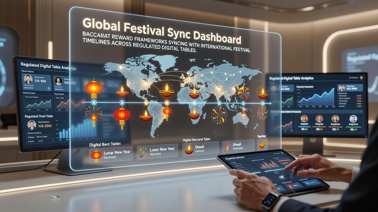Digital baccarat tables displaying synchronized reward banners during major international festivals