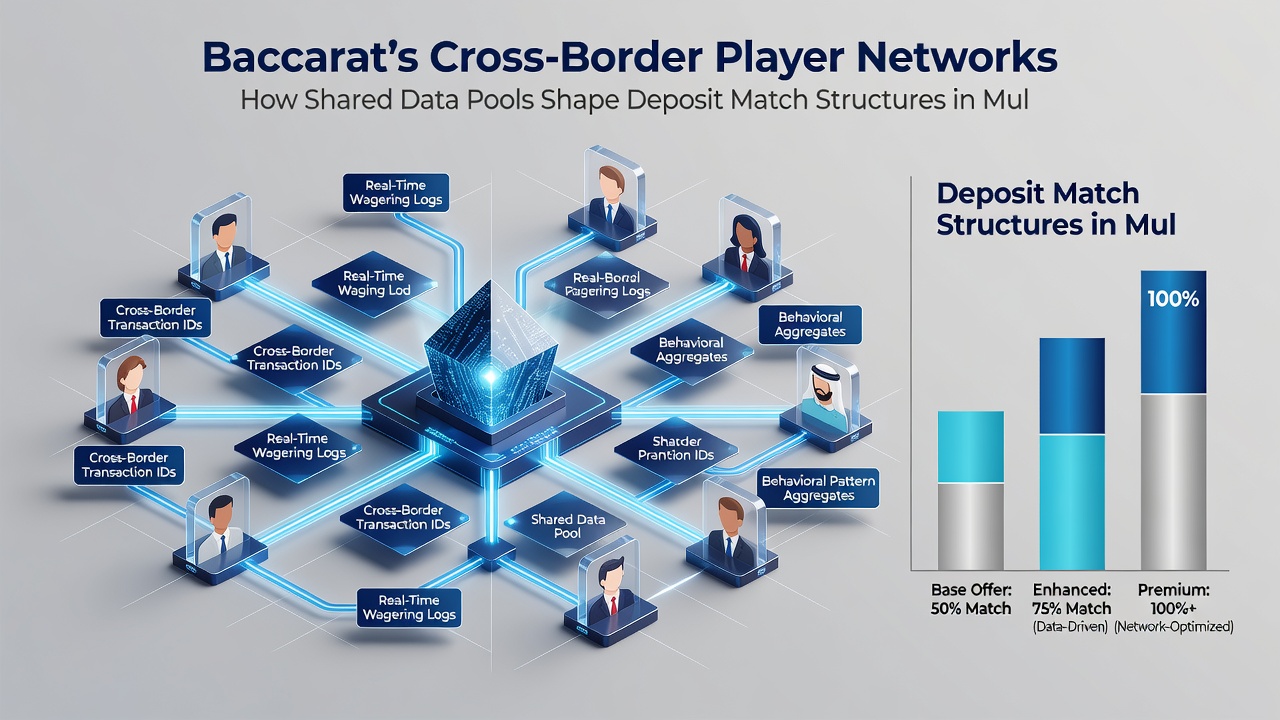 Screenshot of multi-jurisdiction baccarat platform dashboard displaying deposit match tiers influenced by shared player data