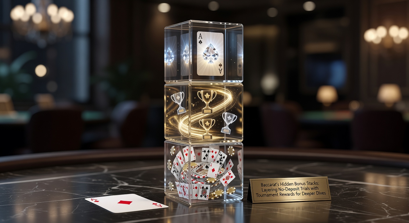 Digital illustration of stacked golden chips and baccarat cards forming a towering bonus structure against a casino backdrop