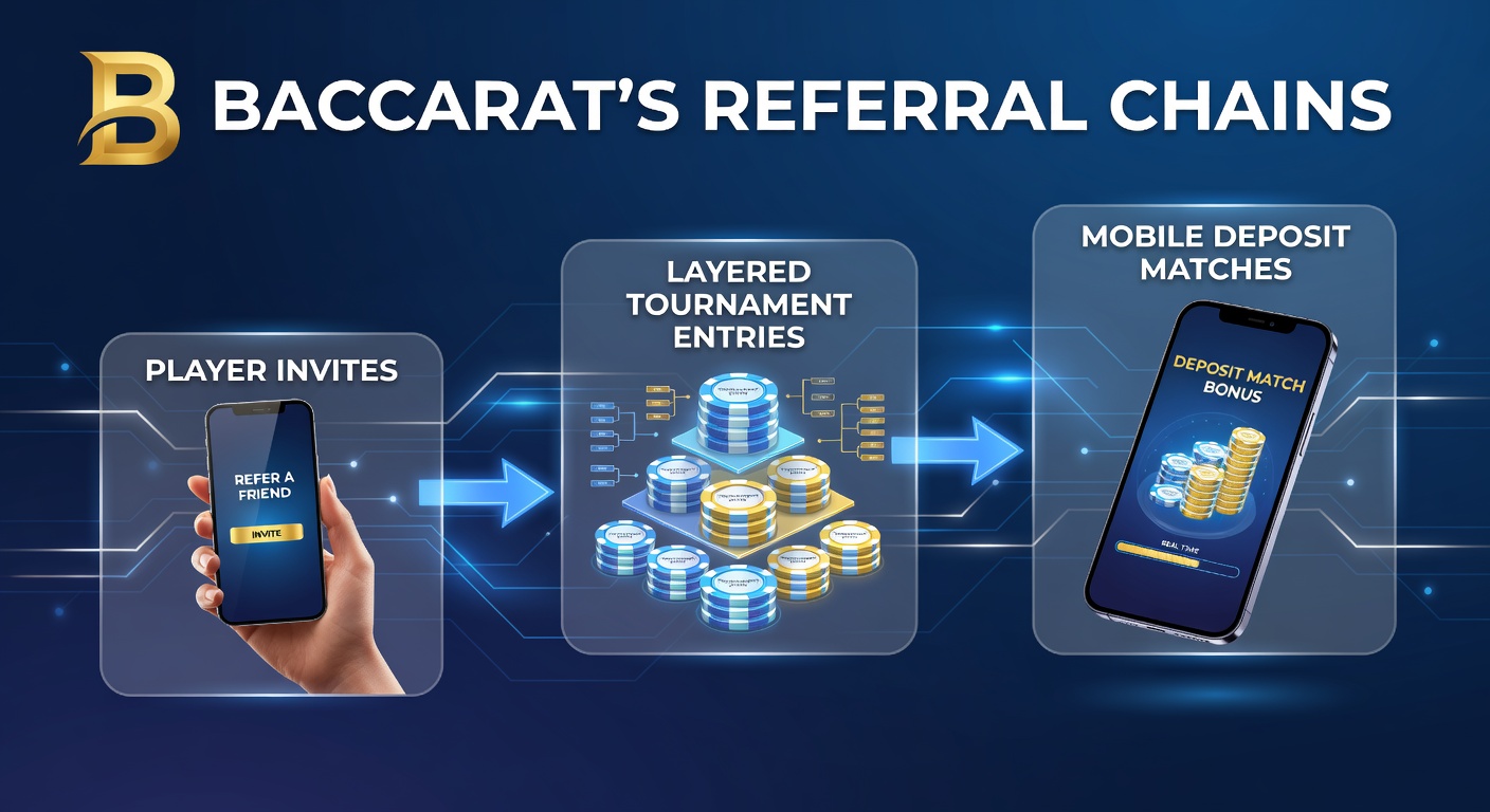 Diagram showing how player referrals create cascading tournament entries and deposit matches in online baccarat