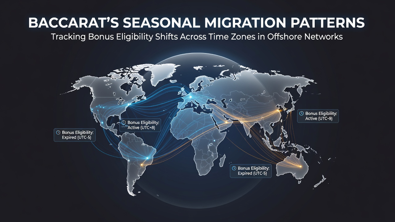 Network map showing baccarat player migrations across global time zones in offshore casino systems