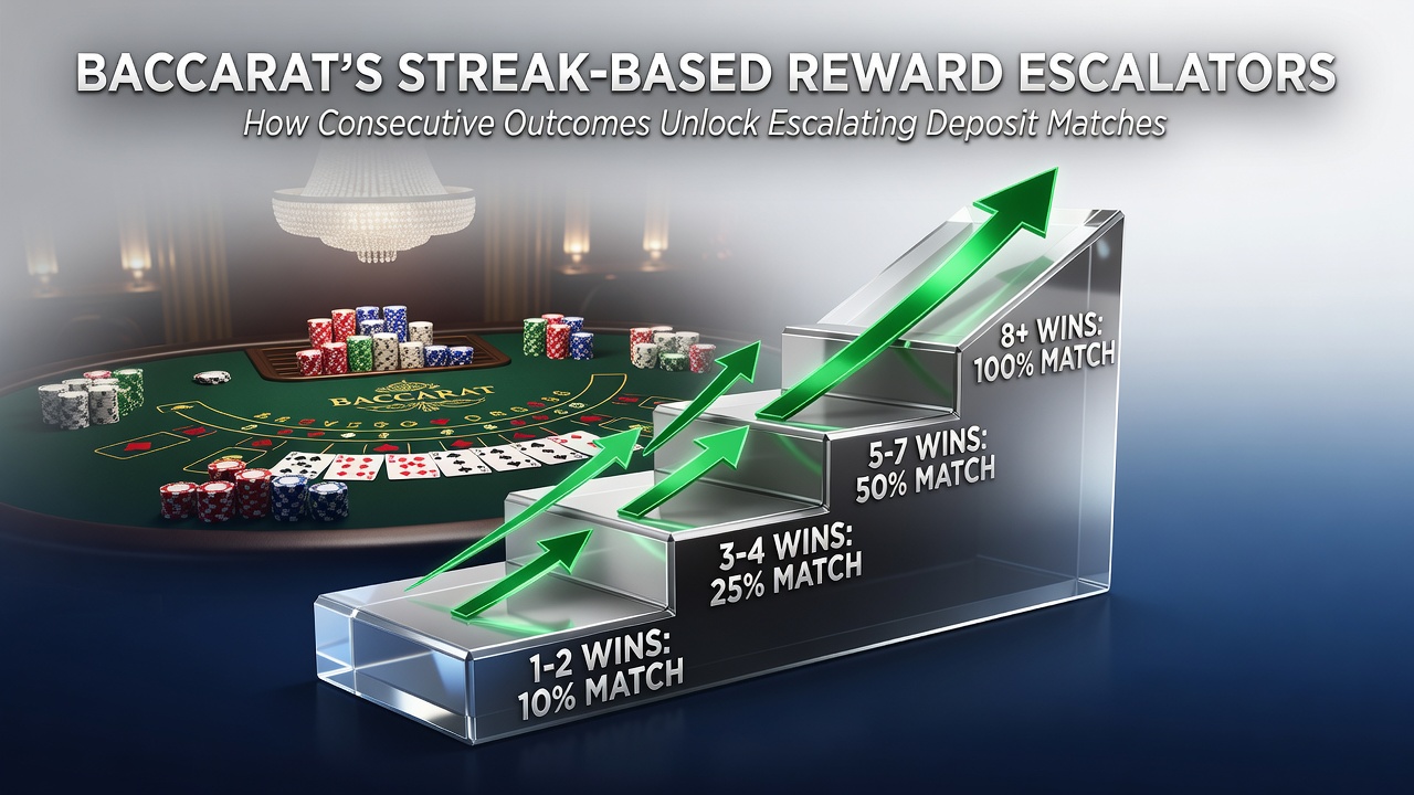 Dashboard screenshot displaying escalating deposit match tiers triggered by baccarat win streaks in an online casino account