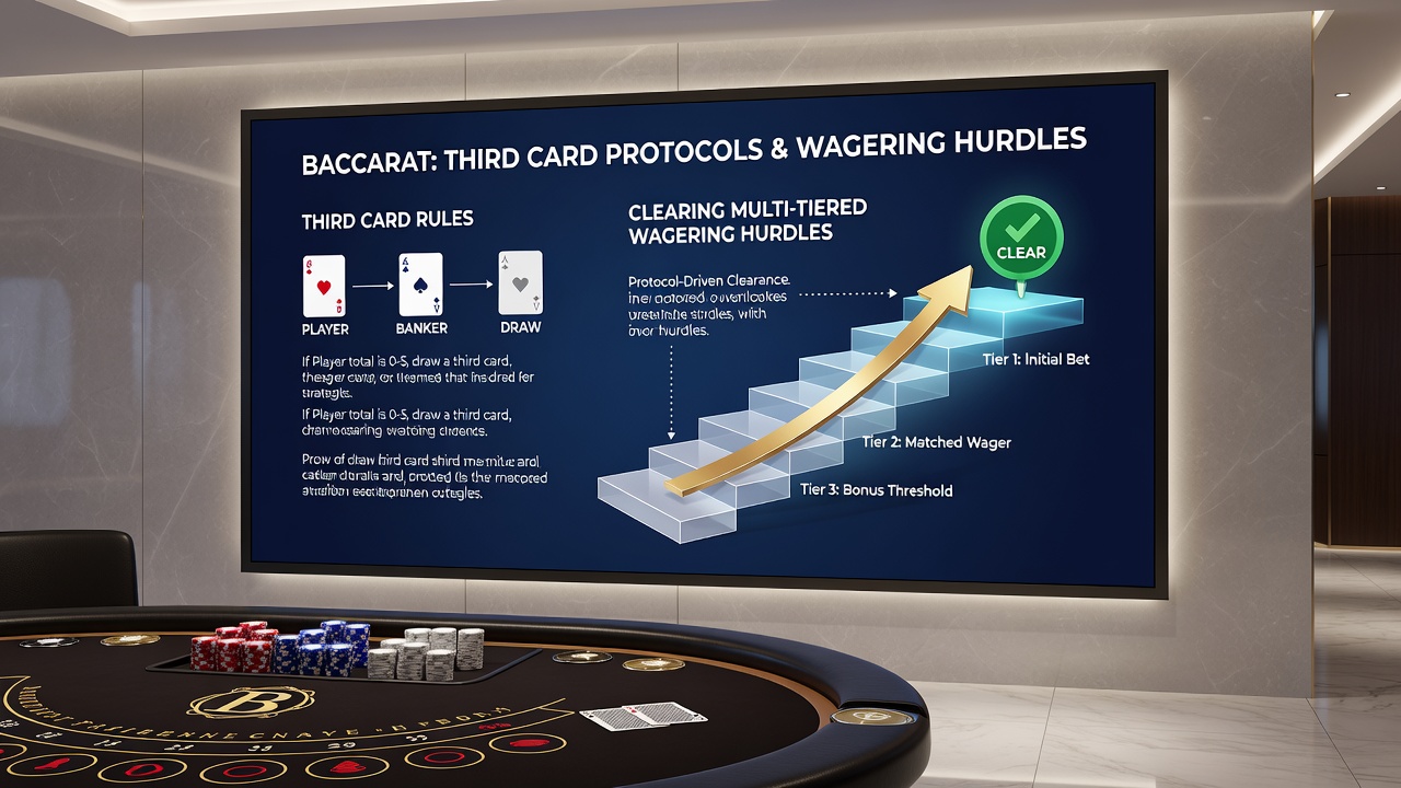 Live digital baccarat table showing real-time third card draw interface and bonus progress tracker