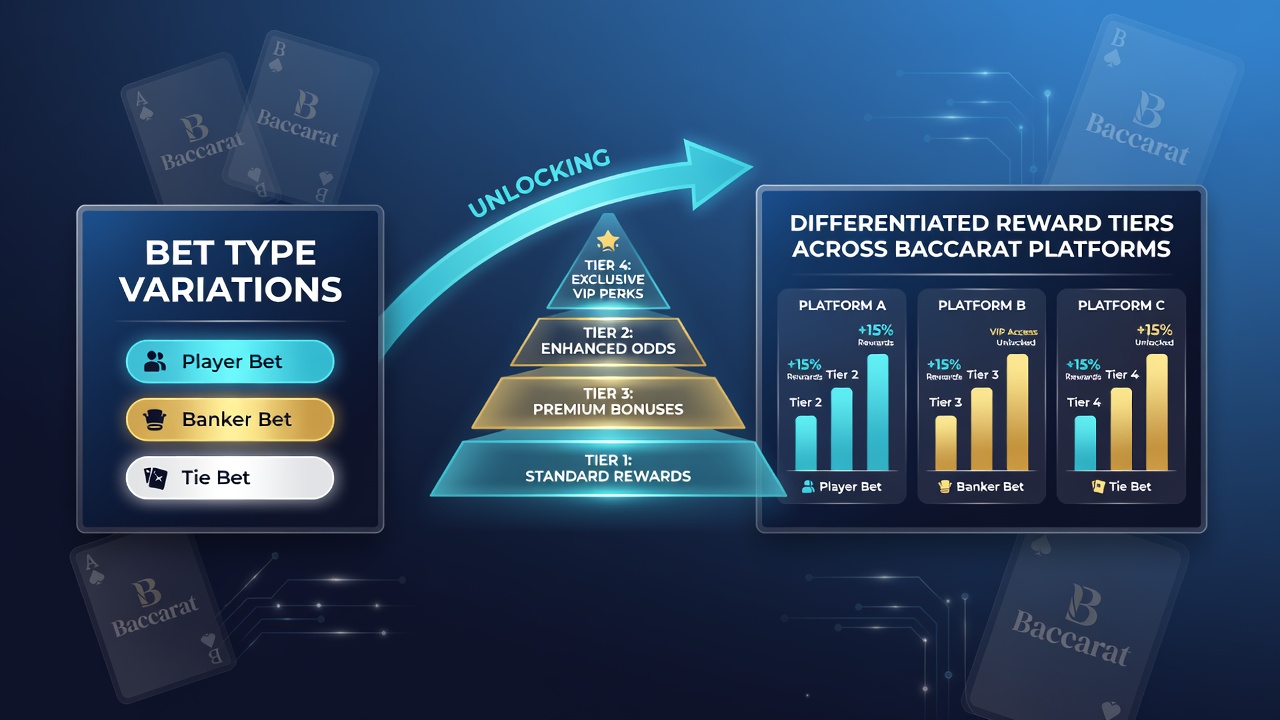 Infographic comparing reward multipliers for banker player tie and side bets on various baccarat platforms