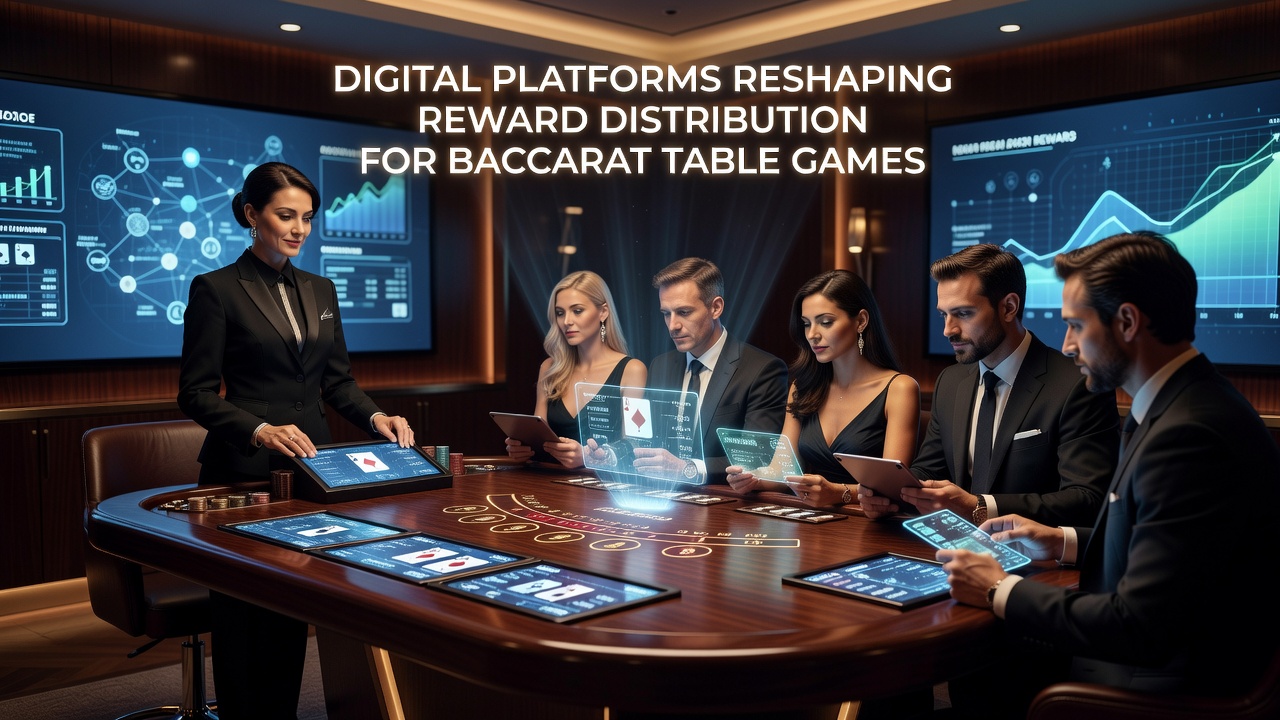 Baccarat players engaging with digital reward dashboards on tablets during live table sessions