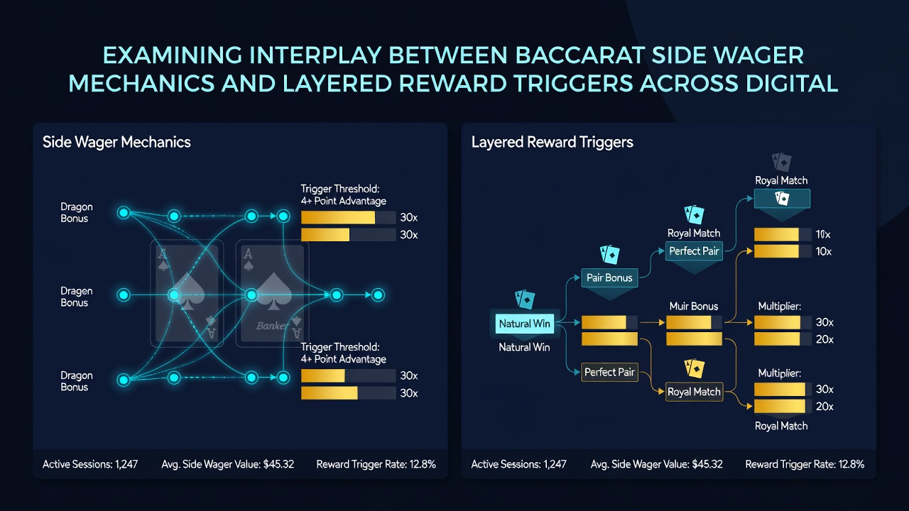 Analytics dashboard displaying layered reward triggers connected to baccarat side wager performance metrics