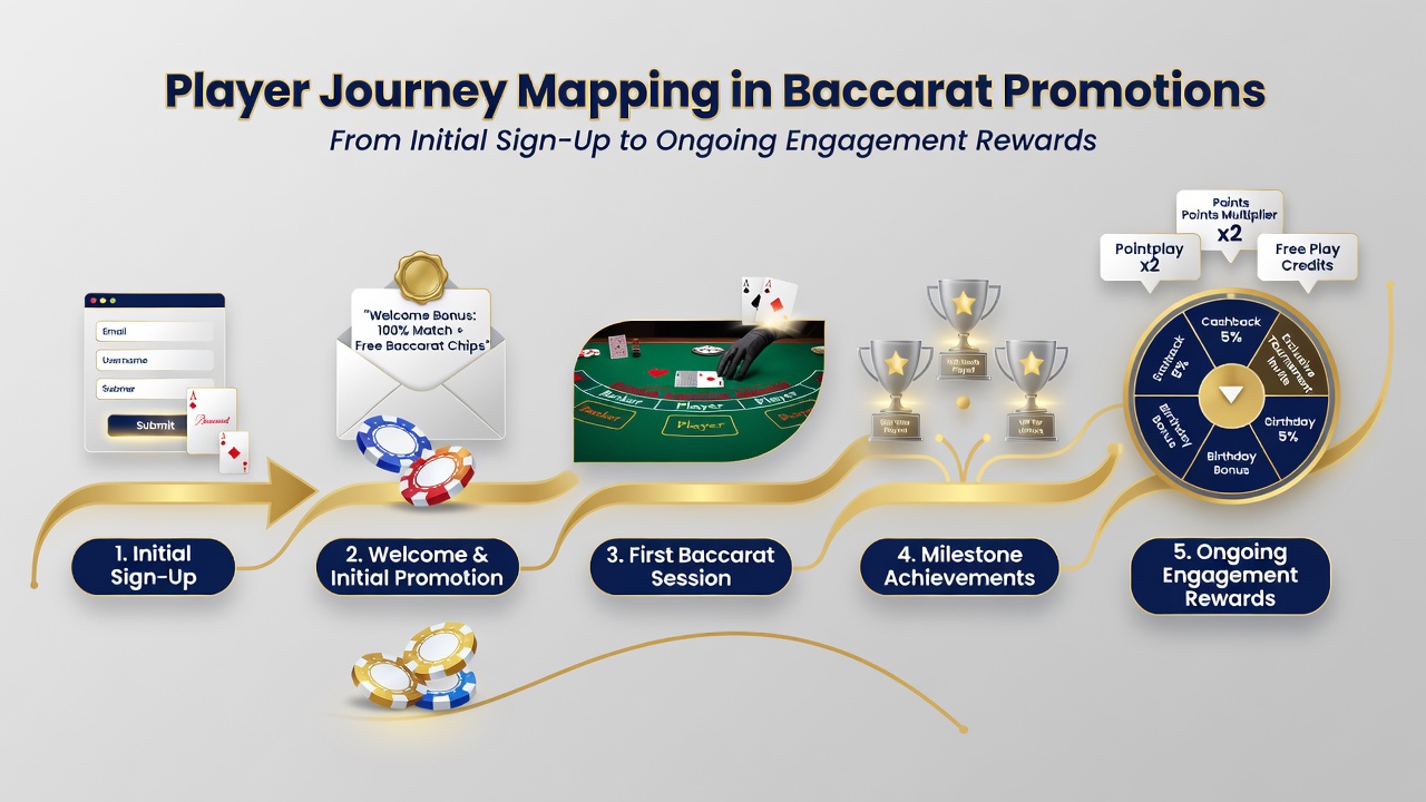 Illustration of baccarat player journey stages from sign-up through rewards