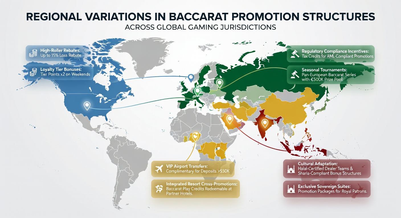 Global map highlighting baccarat promotion differences across major gaming regions including Asia, North America, and Europe